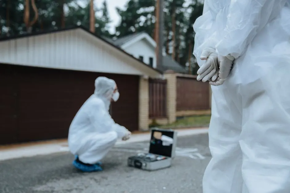 Technician in protective gear using detection equipment to check for gas leaks at a New Braunfels, Texas property.